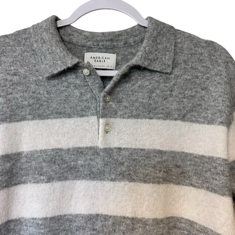 American Eagle Sweater Gray Cream Striped Polo SZ Med Tall Preppy Y2K Mens